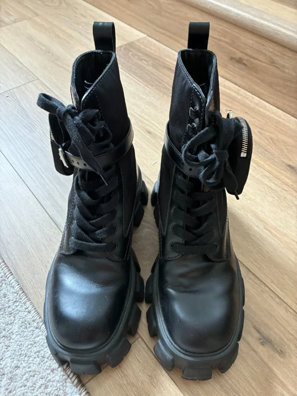 Prada Monolith Re-Nylon Combat Boots with Pouches – Size 8.5